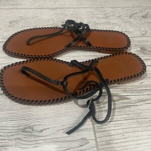 Zara black flat thin wood strappy sandals.